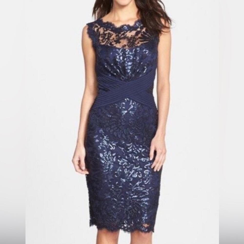 Tadahsi Shoji Paillette Sequin Embroidered Lace Sheath Dress  Navy Size 8 NWOT